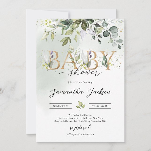 Invitation Lettres d'or vert eucalyptus baby shower boho (Devant)