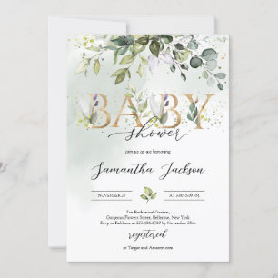 Invitation Lettres d'or vert eucalyptus baby shower boho