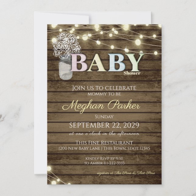 Invitation Lettres en bois de Baby shower rustique et souffle (Devant)