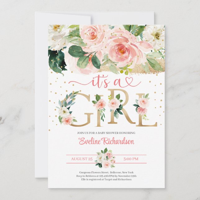 Invitation Lettres en feuille d'or c'est un baby shower flora (Devant)