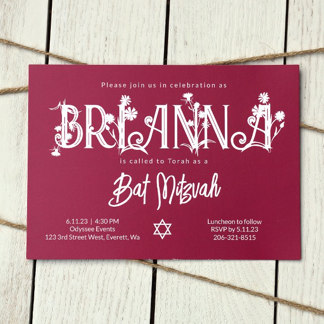 Invitation Lettres florales Bat mitzvah rose botanique (Modern Unique pink bat mitzvah invitation with floral white lettering, botanical wild flowers)