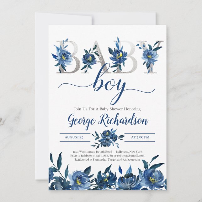 Invitation Lettres florales et argentées de la marine profond (Devant)