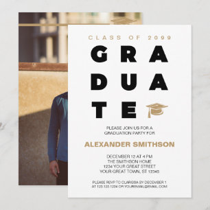 Invitation Lettres GRADUATE en or gras et chapeau de fin d'ét