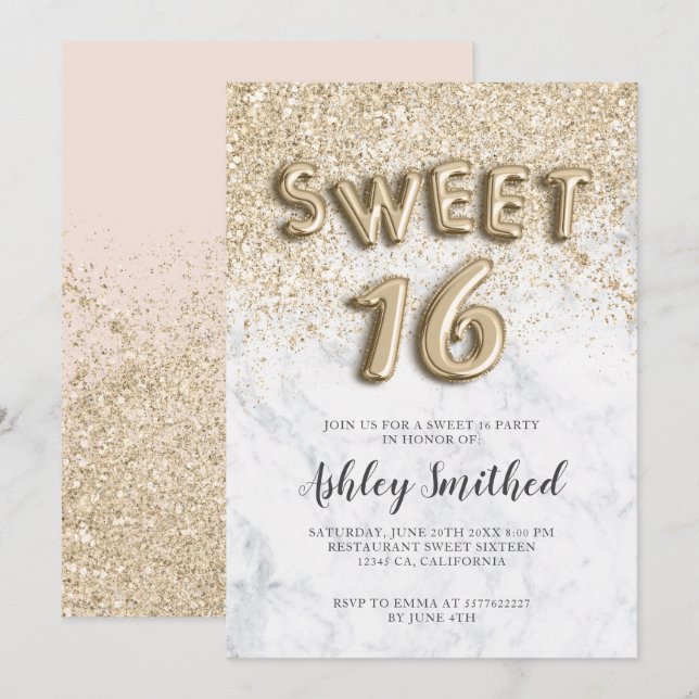 Invitation lettres parties scintillant or clair sweet sixteen (Devant / Derrière)