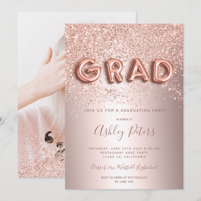 Invitation Lettres rose Gold parties scintillant feuille de p (Devant / Derrière)