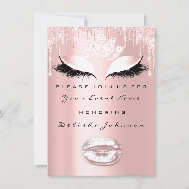 Invitation Lèvres Douces 16e gouttes rose étincelleDouche nup (Devant)
