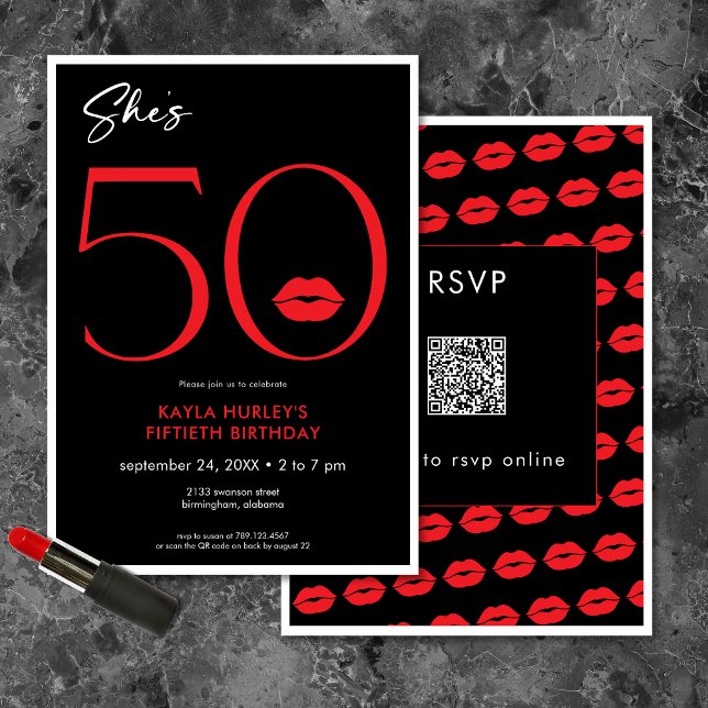 Invitation Lèvres rouges minimales modernes Elle a cinquante  (Modern Minimal Red Lips She's Fifty Birthday QR Invitation)