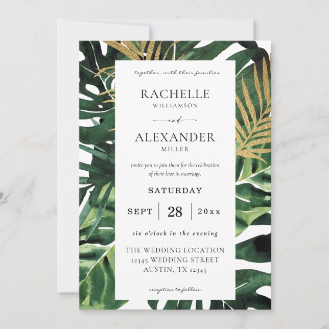Invitation LG Tropical Palm Leaf Gold 1 Mariage (Devant)