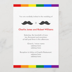 Invitation LGBT Gay Mariage Mustaches Arc-en-ciel