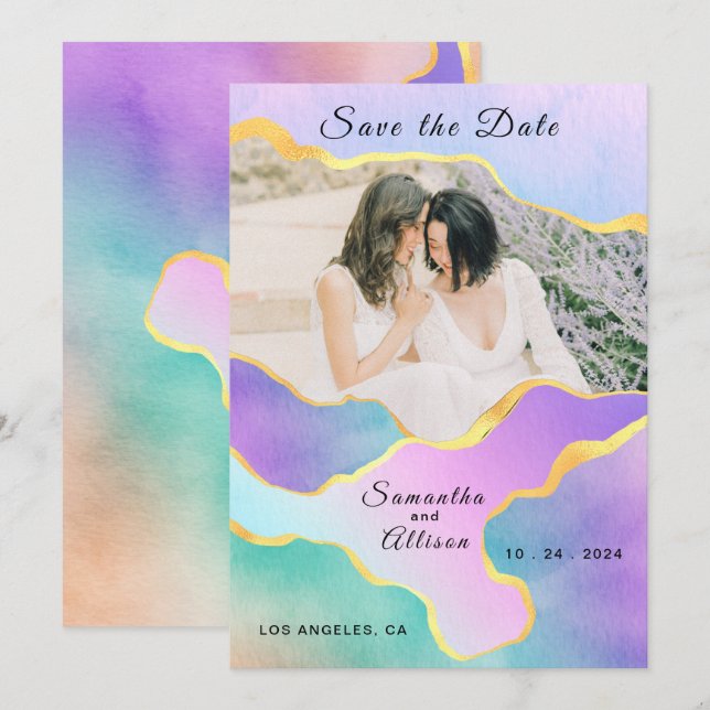 Invitation LGBT Gold Rainbow Mariage Photo Enregistrer la dat (Devant / Derrière)