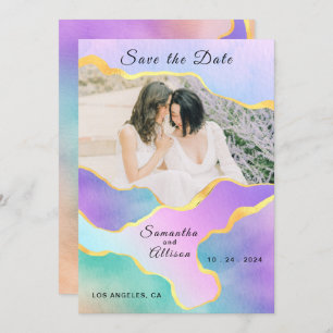 Invitation LGBT Gold Rainbow Mariage Photo Enregistrer la dat