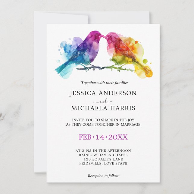 Invitation 🌈 LGBTQ Rainbow Lovebirds mariage (Devant)