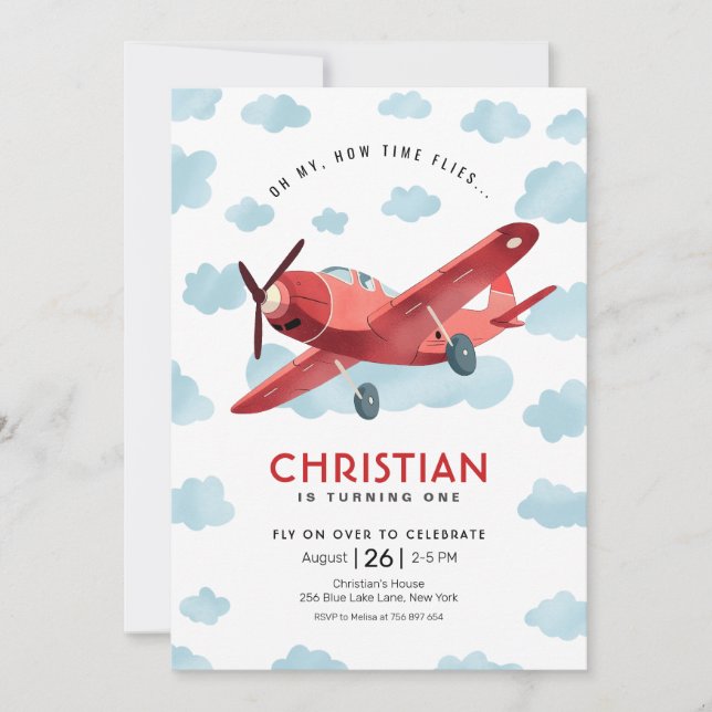 Invitation L'heure des vols Avion rouge Anniversaire (Devant)