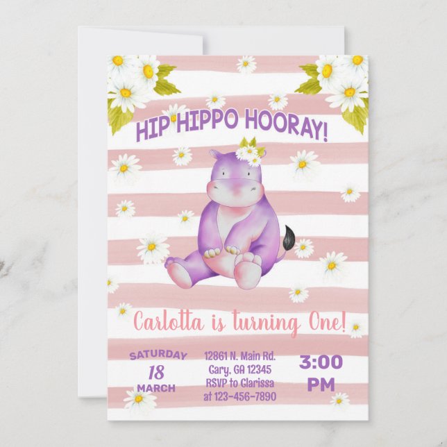 Invitation L'hippo marie l'invitation d'anniversaire de fille (Devant)