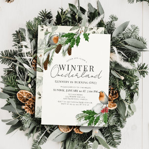 Invitation L'hiver Onederland Rouge-gorges et Neige 1er Anniv