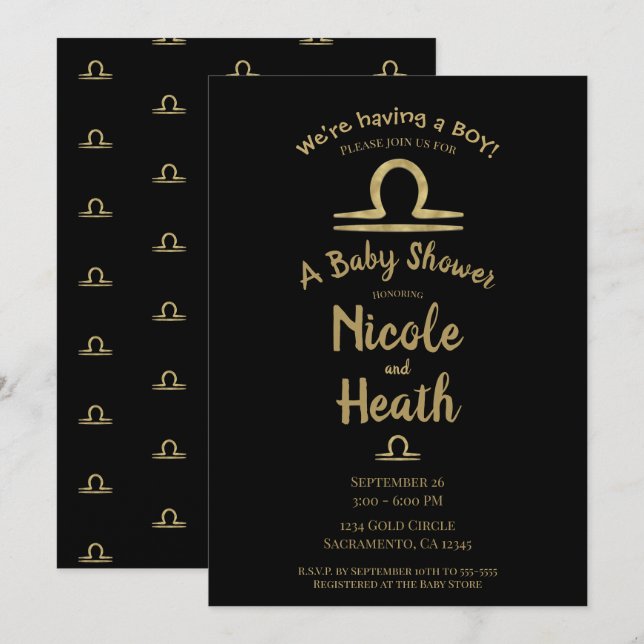 Invitation LIBRA Gold Septembre Octobre Baby shower d'automne (Devant / Derrière)