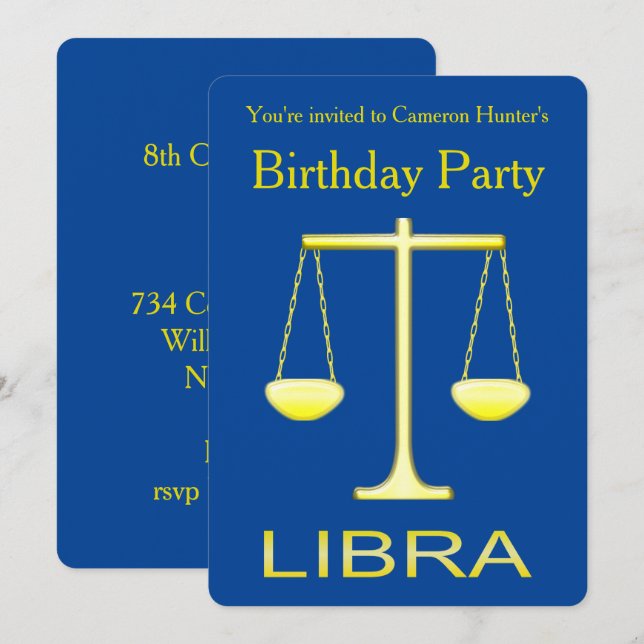 Invitation Libra Golden Scales Star Sign Custom Anniversaire (Devant / Derrière)