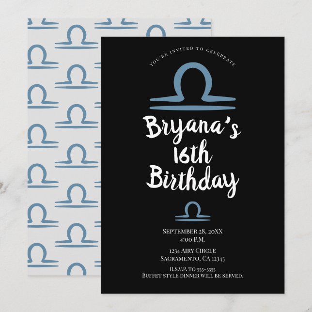 Invitation LIBRA Zodiac Septembre Octobre Anniversaire Astrol (Devant / Derrière)