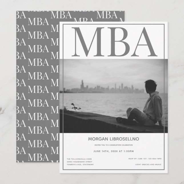 Invitation Licence MBA White Grey Photo Party Graduation (Devant / Derrière)
