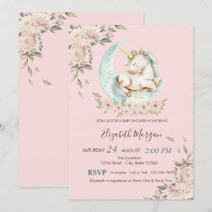 Invitation Licorne à l'aquarelle Fête bébé Fleurs de lune 