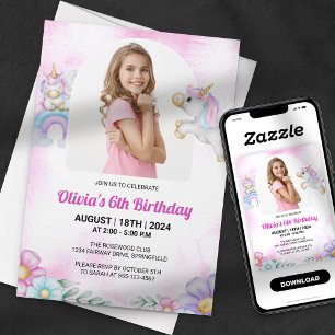 Invitation Licorne Arc-en-ciel Fille Photo Anniversaire Aquar