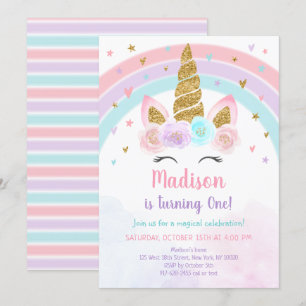 Invitation Licorne Arc-en-Ciel Rose Or Pastel Anniversaire