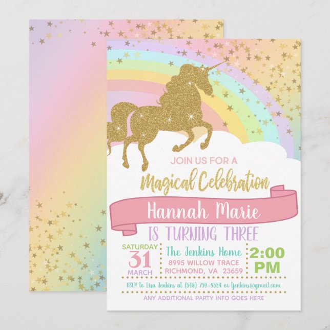 Invitation Licorne - Au-delà de l'arc-en-ciel et P (Devant / Derrière)