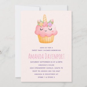 Invitation Licorne Cupcake Rose Mignonne pour Baby Shower