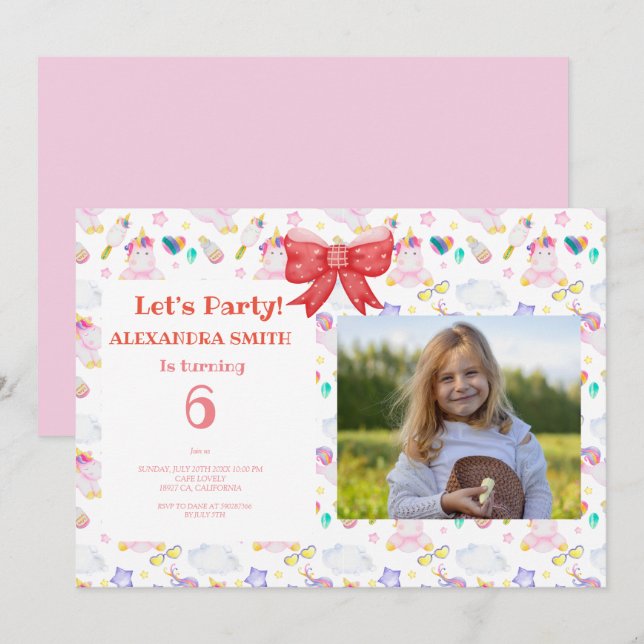 Invitation licorne d'anniversaire avec photo (Devant / Derrière)