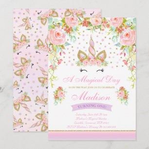 Invitation Licorne d'or de rose d'invitation d'anniversaire