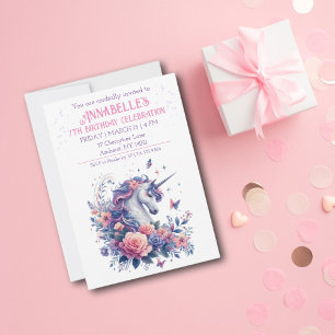 Invitation Licorne Élégante Anniversaire Fille Rose Violet 