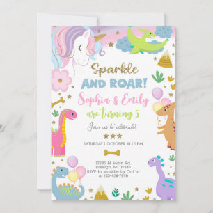 Invitation licorne et dinosaures pour frères et sœ