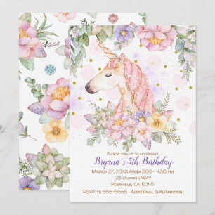 Invitation Licorne Fleurie Pailletée Fête d'Anniversaire Mode
