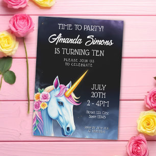 Invitation Licorne Fleurie Rose Ciel Nocturne Fille 10ème Ann