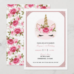 Invitation Licorne Fleurs de roses dorées et roses Anniversai