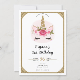 Invitation Licorne Fleurs de Roses Or et Rose Anniversaire
