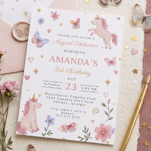 Invitation Licorne Florale Rose Pastel Magique 3ème Anniversa