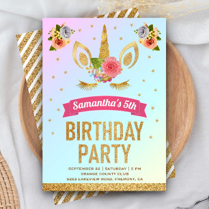 Invitation Licorne Magique Anniversaire avec Paillettes Dorée
