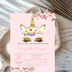 Invitation Licorne Magique Pailletée Or Fête Prénatale Floral