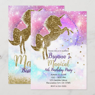 Invitation Licorne Magique Pailletée Or Galaxie Cosmique Fête