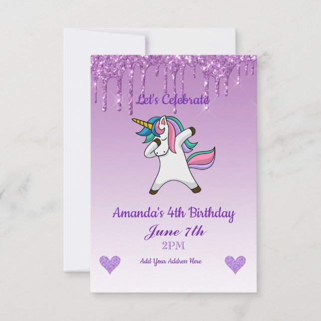 Invitation Licorne Mignonne Violet qui Dégouline de Paillette (Devant)
