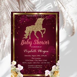 Invitation Licorne Pailletée Or Fleurs Baby Shower Bordeaux