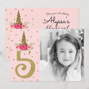 Invitation Licorne Pailletée Or Rose 5 Fête d'anniversaire 5 