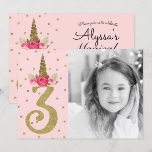Invitation Licorne Pailletée Or Rose Fête d'anniversaire 3 3 