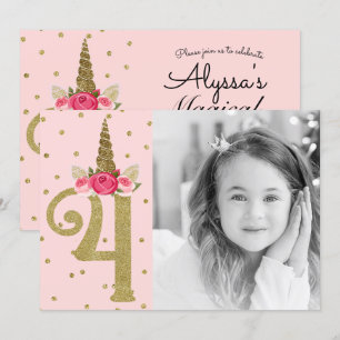 Invitation Licorne Pailletée Or Rose Fête d'anniversaire 4 4 