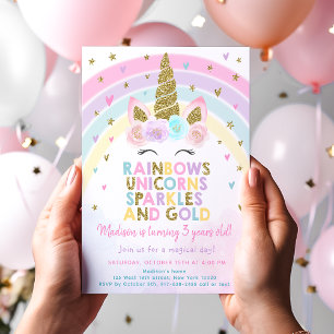 Invitation Licorne pastel arc-en-ciel étincelles anniversaire