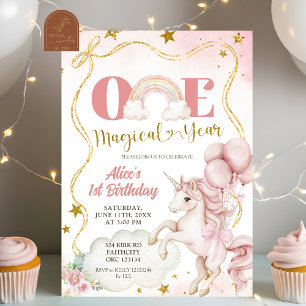 Invitation Licorne Pastel Arc-en-Ciel Un An Anniversaire Magi