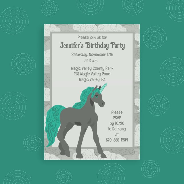 Invitation Licorne Personnalisée Gris et Sarcelle (Créateur téléchargé)