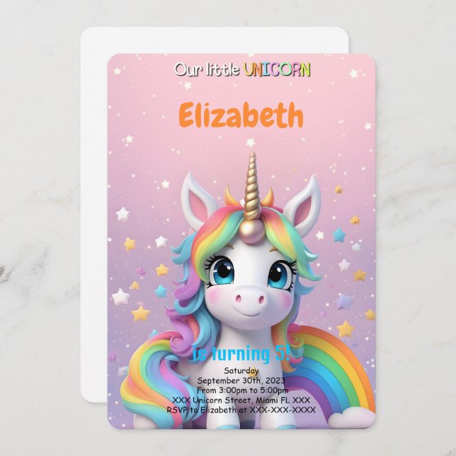 Invitation Licorne pour 5ème anniversaire  (Devant / Derrière)