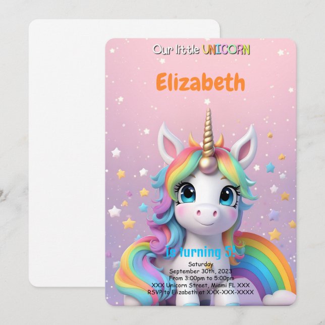 Invitation Licorne pour le 5e anniversaire  (Devant / Derrière)